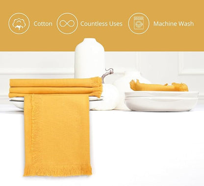 PurpleEssences Cloth Napkins with Fringes, 100% Cotton Christmas Holiday Winter Table Decor, Set of 6 18x18 Inch Reusable Dinner Napkins for Parties and Weddings - Golden Yellow