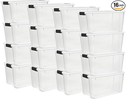 Sterilite 16-Pack Ultra Latching Box, Storage Bins with Lids, Clear Plastic, 70 Quart - Heavy-Duty Organizing Containers for Closet, Bathroom, and Office