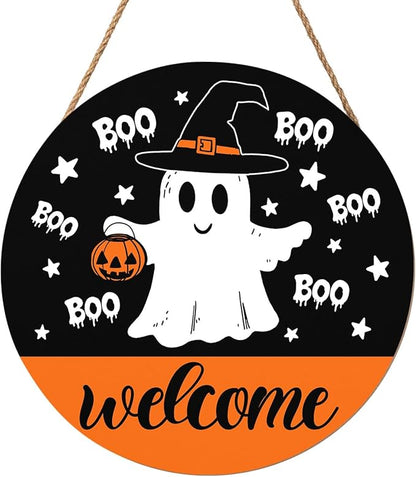 Halloween Door Decorations Cute Halloween Ghost Wreath Welcome Hey Boo Wood Hanger 12x12 Inch Farmhouse Holiday Wall Hanging Decorations for Home Porch Indoor Outdoor Party Supplies