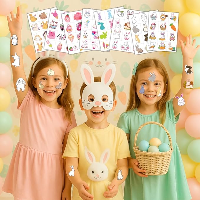 8 Sheets (96PCS) Bunny Pre-Cut Temporary Tattoos for Kids – Cute Bunny Birthday Party Favors Supplies Decorations, Easter Egg Carrot Tattoo Stickers for Boys and Girls, Classroom Rewards and Prizes