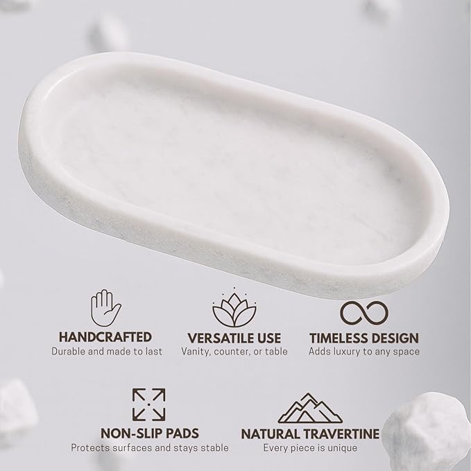 Handcrafted Marble Tray – Bathroom Counter Organizer, Jewelry Tray, Perfume Organizer & Decorative Tray for Vanity Accessories, Coffee Table Decor & Bathroom Countertop (Oval, Mugla White)