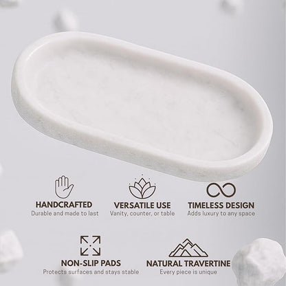 Handcrafted Marble Tray – Bathroom Counter Organizer, Jewelry Tray, Perfume Organizer & Decorative Tray for Vanity Accessories, Coffee Table Decor & Bathroom Countertop (Oval, Mugla White)