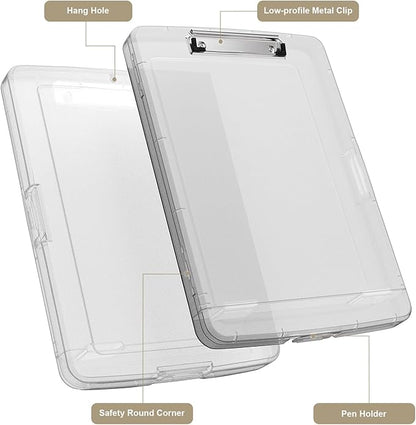 Piasoenc Clipboard with Storage, 8.5 x 11 Organization Box with Pen Holder and A4 Legal Paper Folder, Folio & Side-Opening, Low Profile Clip,for Nurses,Teachers, Size 14 x 9.6 x 1.2 in,Translucent