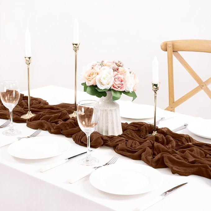 MLMC 3 Pack Brown Table Runner 10ft Boho Rustic Gauze Coffee Cheesecloth Table Runner Neutral Winter Decor 35x120 Inches for Wedding Bridal Shower Reception Party Decor