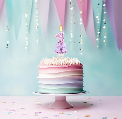 Birthday Candle for Cake, 1 Candle - Purple Bowknot, 2.76 inch Cake Topper Decoration for 1 Year Old Birthday Party (Number 1)
