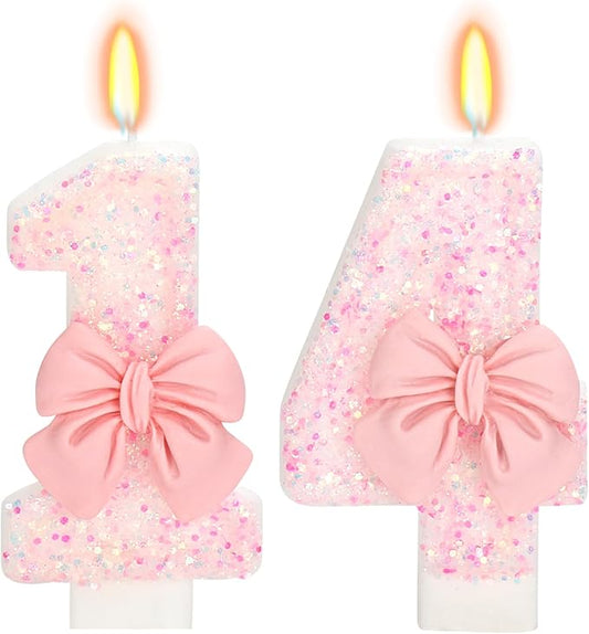 Birthday Candle for Cake, Pink Bow Number Cake Candles, 2.76 inch Number Happy Birthday Candle, Cake Topper Decoration for Birthday Party (Number 14)