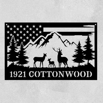 Personalized Deer Metal Address Sign with American Flag and Mountain Scene, Custom Family Name Plaque for Hunting Cabin, Lodge, House, Outdoor Rustic Decor, Housewarming Gift for Hunters & Men