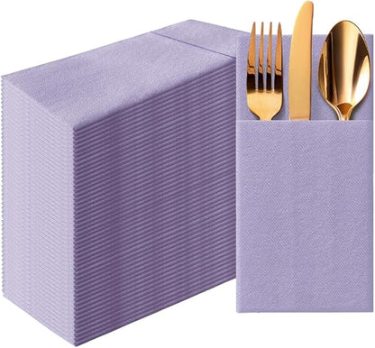 PAW - Linen Feel Napkins with Built-in Flatware Pocket, Airlaid Paper Pre-Folded Napkins for Silverware, Wedding Party, Dinner, Birthday, Gatherings, Monocolor Violet, 50 Count