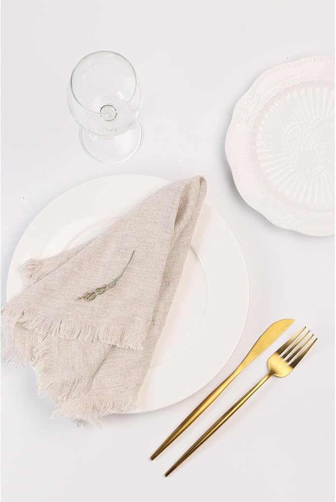 Handmade Cloth Napkins with Fringe,18 x 18 Inches Cotton Linen Napkins Set of 6 Versatile Handmade Square Rustic Fringe Napkins for Dinner, Wedding and Parties, Natural Linen