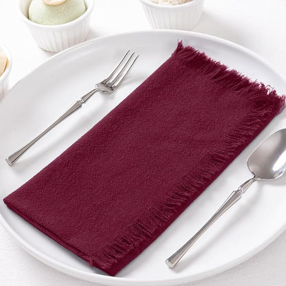 12 Pack Burgundy Red Cotton Linen Napkins with Fringe Christmas Red Cloth Napkins Set of 12 Boho Handmade Holiday Napkins Bulk for Wedding Baby Shower Christmas, 17 x 17 Inches