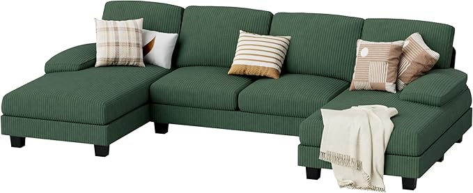 JUMMICO Sectional Couches for Living Room, U Shaped Couch with Chenille Fabric, 4 Seat Modern Sofa with Removable Pillows for Apartment and Small Space (Corduroy, Light Green)