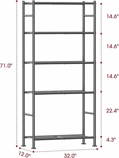 Storage Shelves - 5 Tier Shelf Organizer, Sturdy Metal Garage Shelving with Adjustable Leveling Feet, Space-Saving Shelves Organizer for Pantry, Laundry, Kitchen (32" x 12" x 71", Black)