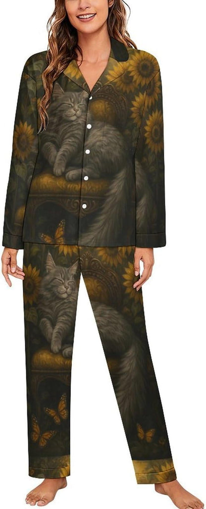 Lemons Leaves Ceramic Style Womens Pajama Set Long Sleeve Pajamas Top And Pants Soft Loungewear Pjs Sets