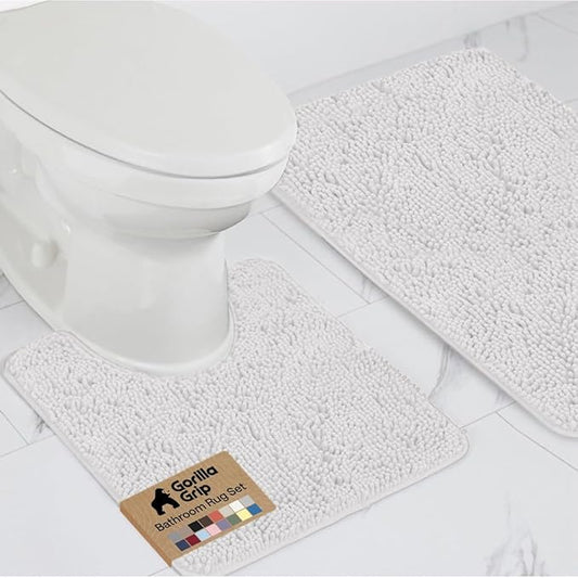 GORILLA GRIP Bathroom Rug Sets, Soft Chenille 2 Piece Area Rugs Set, Toilet Base Mat and 30x20 Carpet, Absorbent Microfiber Washable Mats Dry Quickly, Home Décor and Bath Room Accessories, White