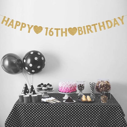 Gold Happy 16th Birthday Banner, Glitter 16 Years Old Boy or Girl Party Decorations, Supplies