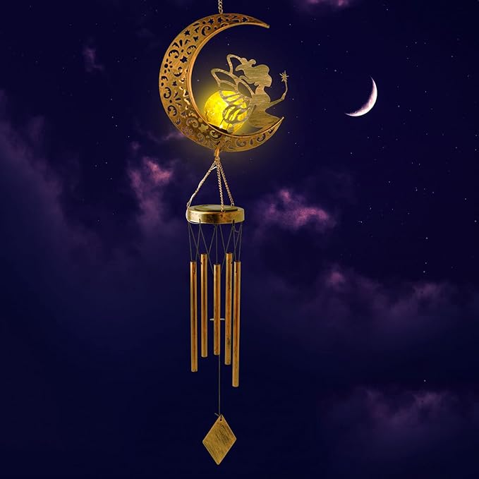 Solar Wind Chimes Moon Fairy Hanging Outdoor Decor Crackle Glass Ball Warm Memorial Wind Chimes Light Patio Lawn Yard Gardening Gifts Birthday Gifts for mom for Grandma Gifts Christmas Decorations