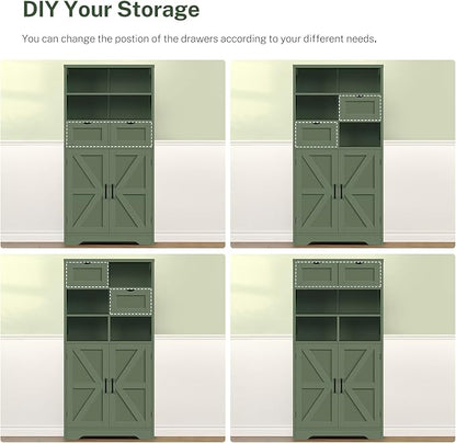 TEENFON Bathroom Cabinet with Adjustable Shelf & 2 Drawers, Farmhouse Storage Cabinet with 2 Doors, Kitchen Storage Cabinets for Living Room, Entryway, Home Office, Forest Green