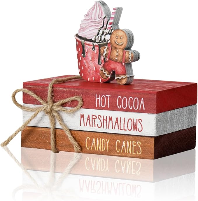 Smile Christmas Wooden Books Stack, Hot Cocoa Marshmallows Candy Canes Faux Books Bundle, Cute Gingerbread Man Cupcake Tiered Tray Decorations, for Home Table Mantle Shelf.