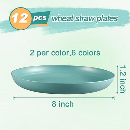 12 Pcs Unbreakable Deep Dessert Plates Set, 8 inch Reusable Plastic Wheat Straw Plates, Microwave and Dishwasher Safe Plate for Kitchen, Lightweight Plate for Dessert, BPA Free, 6 Colors
