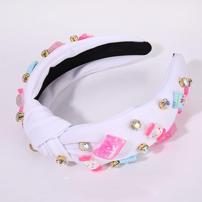 Knotted Headband for Women Lollipop Candy Charms Crystal Jeweled Embellished Top Knot Hairband Statement Wide Turban Hair Hoop Funny Gifts for Girls Sister Birthday Xmas Holiday Party