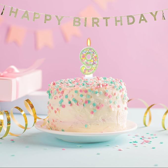Birthday Candles - Number 9 Candle, Colorful Macaron Candles for Boys/Girls, Green Cake Decorations, Dinosaur Themed Party Supplies