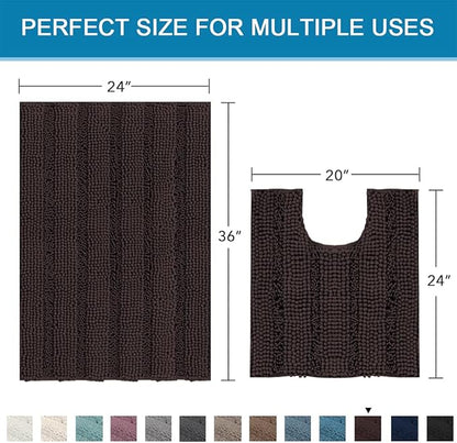 H.VERSAILTEX Bathroom Rugs Bath Rug Set 2 Piece Bathroom Contour Rug Toilet Mat Sets Non Slip Contour Bath Rug Ultra Thick Water Absorbent Striped Bath Mats(36" x 24" Plus 20" x 24" U, Chocolate)