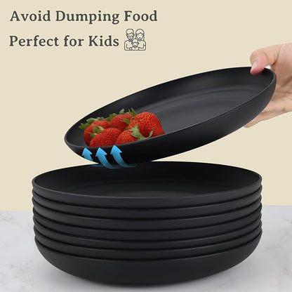 Wrova Wheat Straw Plates - 10 Inch Unbreakable Dinner Plates Set of 8 - Dishwasher & Microwave Safe Plastic Plates Reusable - Lightweight Plate for kitchen,camping (Pure Black)