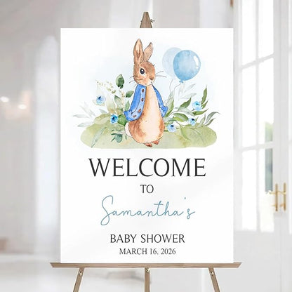 Personalized Bunny Rabbit Baby Shower Welcome Sign for Girl, Pink Peter Rabbit Theme, Greenery Bunny baby shower sign, Gift for Boys & Girls, Gender Reveal Decor, Birthday Party Favors (Style 14)