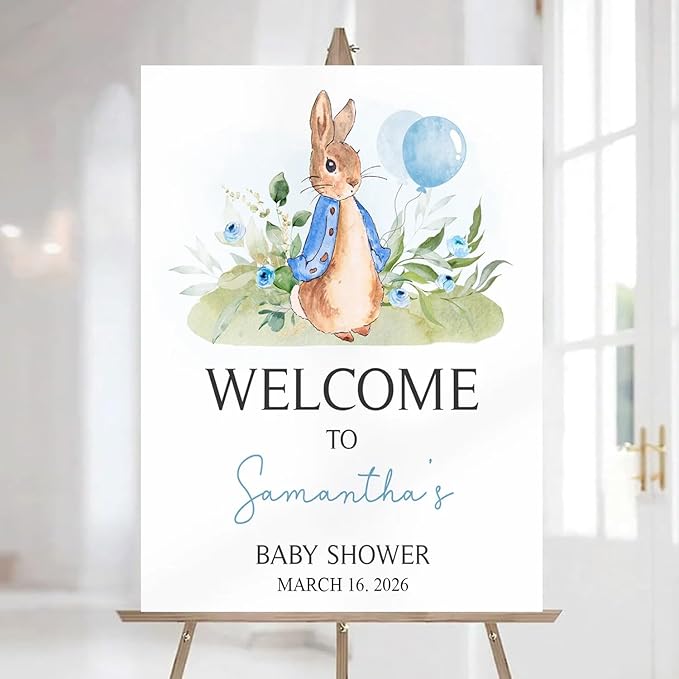 Personalized Bunny Rabbit Baby Shower Welcome Sign for Girl, Pink Peter Rabbit Theme, Greenery Bunny baby shower sign, Gift for Boys & Girls, Gender Reveal Decor, Birthday Party Favors (Style 14)