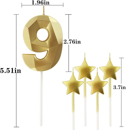 Golden Number 9 2.76 inch 3D Diamond Shaped Birthday Candles for Parties and Cake Decorations