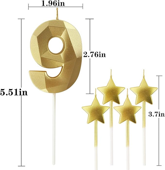 Golden Number 9 2.76 inch 3D Diamond Shaped Birthday Candles for Parties and Cake Decorations