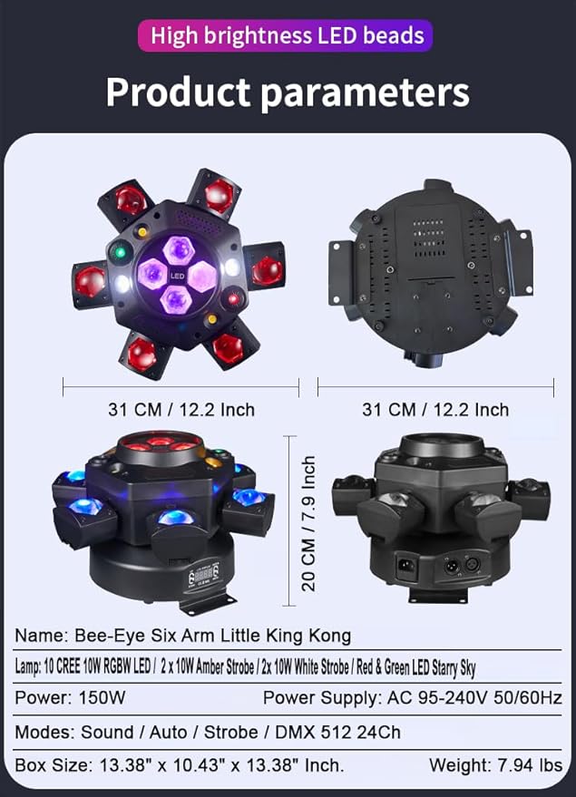 6-Arm 150W RGBW Bee-Eye Spider DJ Moving Head Light – LED Stage Lighting with DMX512, Sound Activated Beam Wash, Strobe & Starry Effects for Clubs, Parties, Weddings, Events