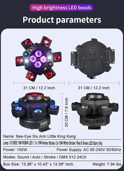6-Arm 150W RGBW Bee-Eye Spider DJ Moving Head Light – LED Stage Lighting with DMX512, Sound Activated Beam Wash, Strobe & Starry Effects for Clubs, Parties, Weddings, Events