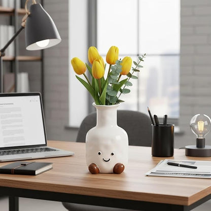 Handmade Ceramic Smile Vase-Cute White Ceramic Vase-White Modern Flower Vase-Round Aesthetic Table Flower Vase-Funny Decor AccentPot for Indoor and Outdoor vase