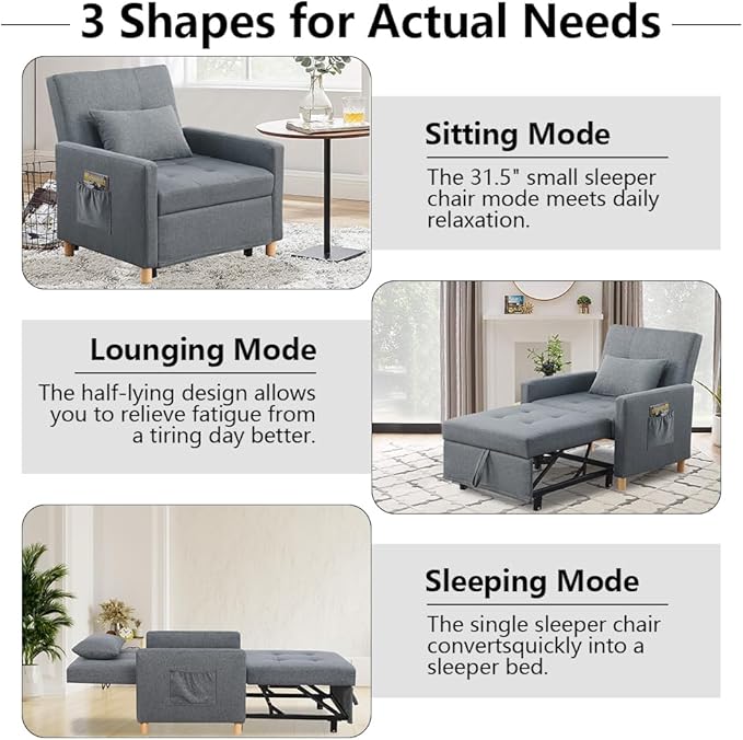 Sleeper Chair,Convertible Sleeper Sofa Chair,Pull Out Sleeper Chair with Adjustable Backrest,Multi-Functiona Lounge Chair for Living Room(Gray)