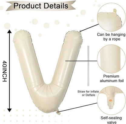 40 Inch Letter Balloons V, Big Custom A-Z Alphabet Foil Name Balloon Cream White, Self Inflating Beige Customize Helium Balloon Letters V for Women Girls Birthday Bride Baby Shower Party Decorations
