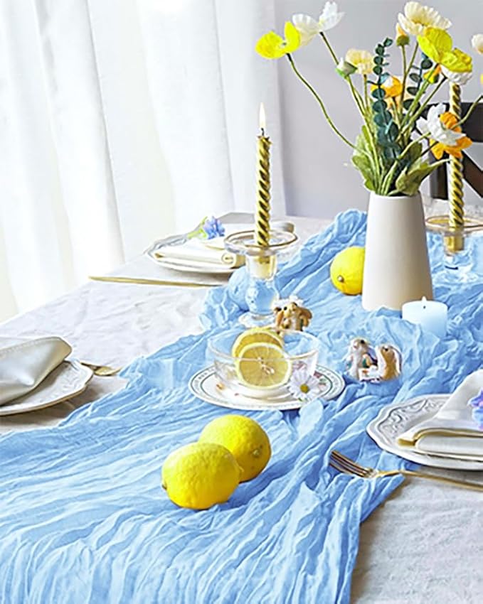 3 Pack Baby Blue Table Runner Boho Gauze Cheesecloth Table Runner 120 Inches Long Light Blue Cheese Cloth Runner for Wedding Bridal Baby Shower Birthday Party Thanksgiving Decor