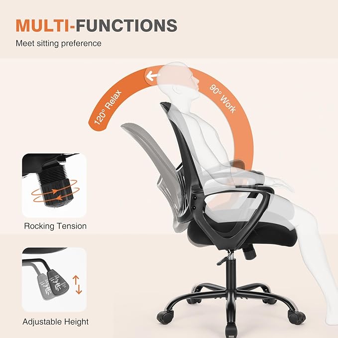 Sweetcrispy Ergonomic Mid-Back Mesh Home Office Desk Chair with Wheels, Lumbar Support, and Comfortable Armrests for Home, Bedroom, Study, Office