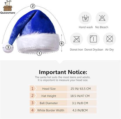 Queenmore Adult's Christmas Santa Claus Hat, Plush Santa Cap, Velvet Headwear, Lined and Fabric-Shedding Resistant