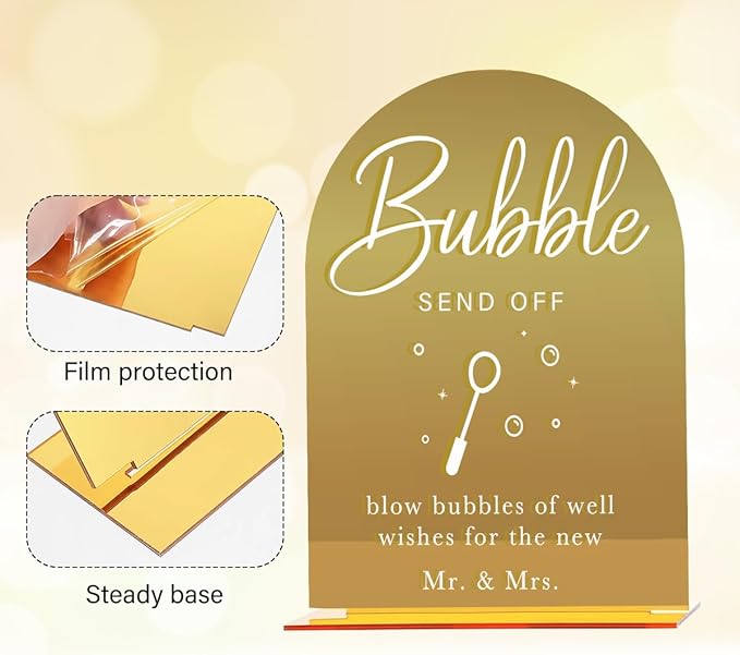 Acrylic Wedding Sign, Bridal Shower Decorations, Bubble Send Off Sign for Ceremony, Modern Font Table Signs, Gold Mirror Arched Acrylic Tabletop Signs for Wedding Reception and Event Party