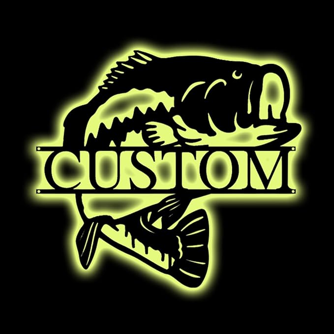 Custom Bass Fishing Wall Art LED Light Personalized Bass Fishing Name Sign Fishing Name Light Fisherman Husband Dad Father Gifts for Father's Day Valentine's Day (Monogram Fishing Sign)