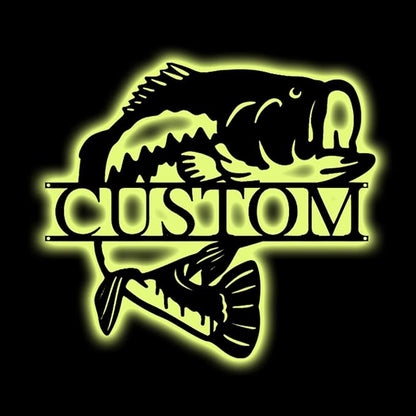 Custom Bass Fishing Wall Art LED Light Personalized Bass Fishing Name Sign Fishing Name Light Fisherman Husband Dad Father Gifts for Father's Day Valentine's Day (Monogram Fishing Sign)