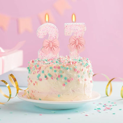 27th Birthday Number Candles with Bow, Pink, Number 27, Modern, Smokeless, Non-Toxic, Unscented, Indoor, Novelty Candle, 3.1 inches, 3 inches, 1 Count