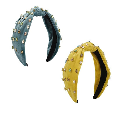 JILIYUPA Carnival Headband Rhinestone Cross Knotted Turban Hair Hoop Carnival Crystal Twist Velvet Wide Hairband Party Hair Accessory (Sky blue, Yellow)