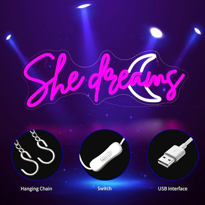 She Dreams Neon Sign, Neon Signs for Wall Decor Neon LED Signs Room Neon Light Up Signs Home Decor