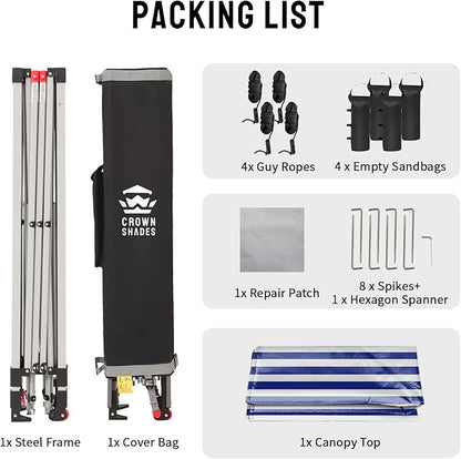 Crown Shades 10x10 Pop Up Canopy - Beach Tent with One Push Setup - Outdoor Sun Shade for Events, Parties, Camping - STO-N-Go Cover Bag, Silver Coated Top, 3 Height& 4 Sand Bags, Navy Blue Stripes