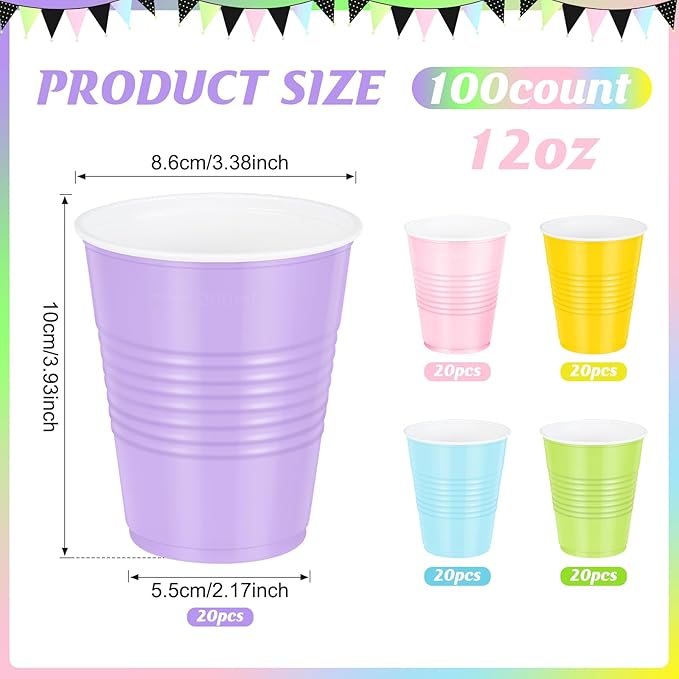 100 Pcs Pastel Plastic Cups 12 oz, Bulk Colorful Light Blue Pink Purple Green and Yellow Disposable Party Graduation Cups for Graduation Picnic Wedding Bridal Birthday Party Supplies Decorations