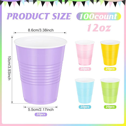 100 Pcs Pastel Plastic Cups 12 oz, Bulk Colorful Light Blue Pink Purple Green and Yellow Disposable Party Graduation Cups for Graduation Picnic Wedding Bridal Birthday Party Supplies Decorations
