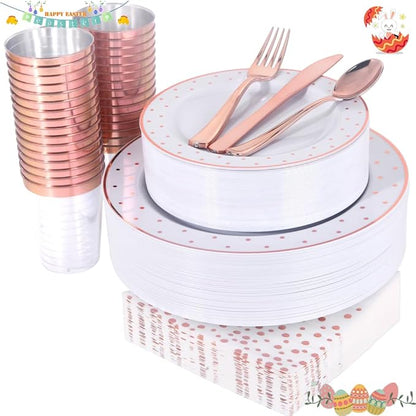 WELLIFE 350 PCS Rose Gold Plastic Plates, Disposable Rose Gold Plates, Includes: 50 Dinner Plate, 50 Dessert Plate, 50 Forks, 50 Knives, 50 Spoons, 50 Cups, 50 Dot Napkins for Weddings and Party