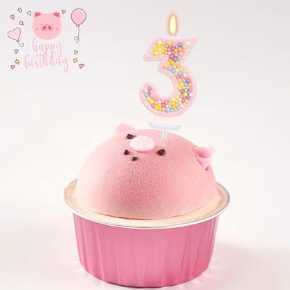 Birthday Candles for Girls - Number 3 Candle, Colorful Macaron Candles, 3 Cake Topper, 3rd Birthday Decorations for Girls, Pig Cartoon Theme Birthday Party Supplies (Pink)